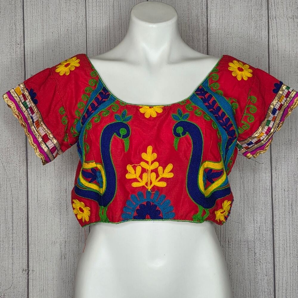 Handmade Embroidered Folk Blouse Red Peacock Boho Festival Crop Top, sz Small